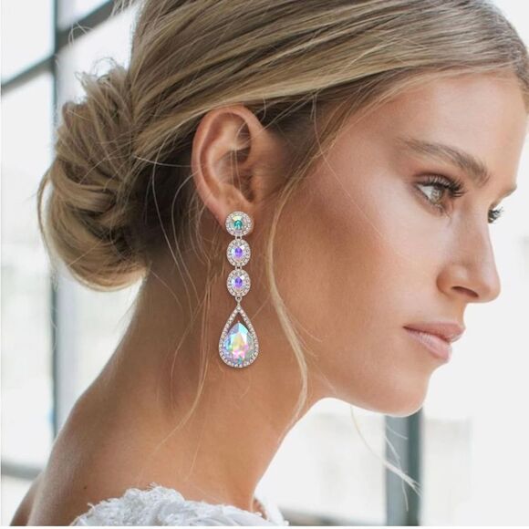 Silver with Iridescent AB and Diamond Crystal Teardrop Halo Chandelier Earrings - Picture 3 of 5